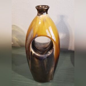 Vintage Artistic Yellow, Black Drip Glaze Ceramic Hole Vase Mid-Century Modern